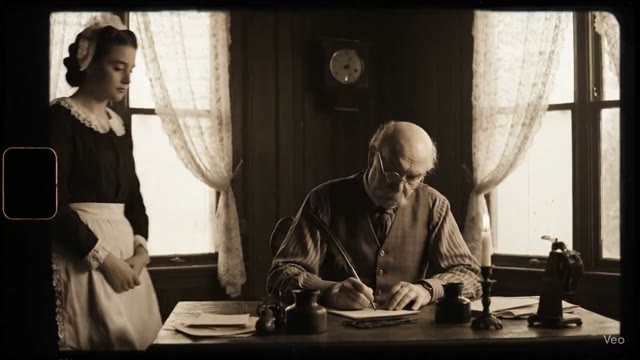 Vintage Edwardian Office Scene with Maid - Black & White Film Style
