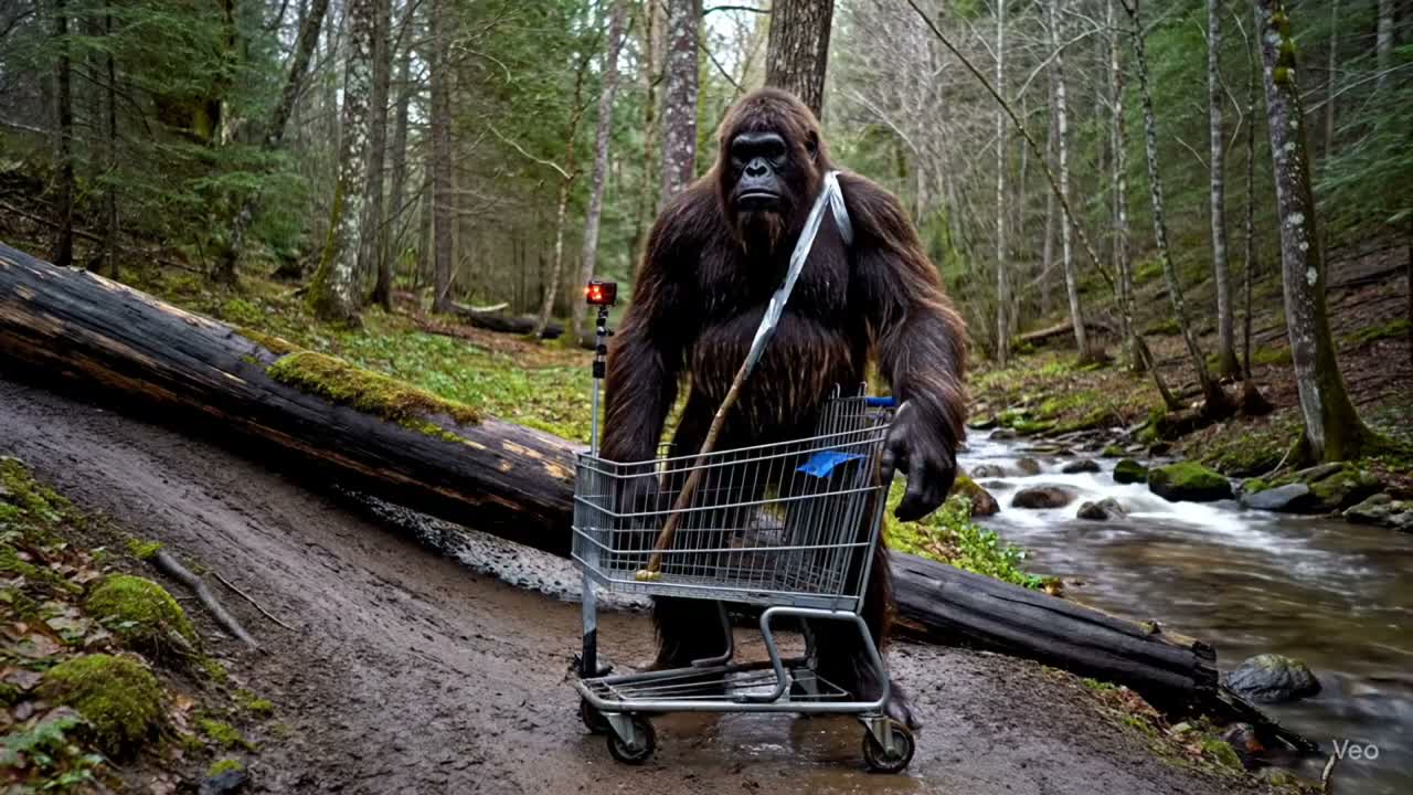 Bigfoot rides a shopping cart into a stream