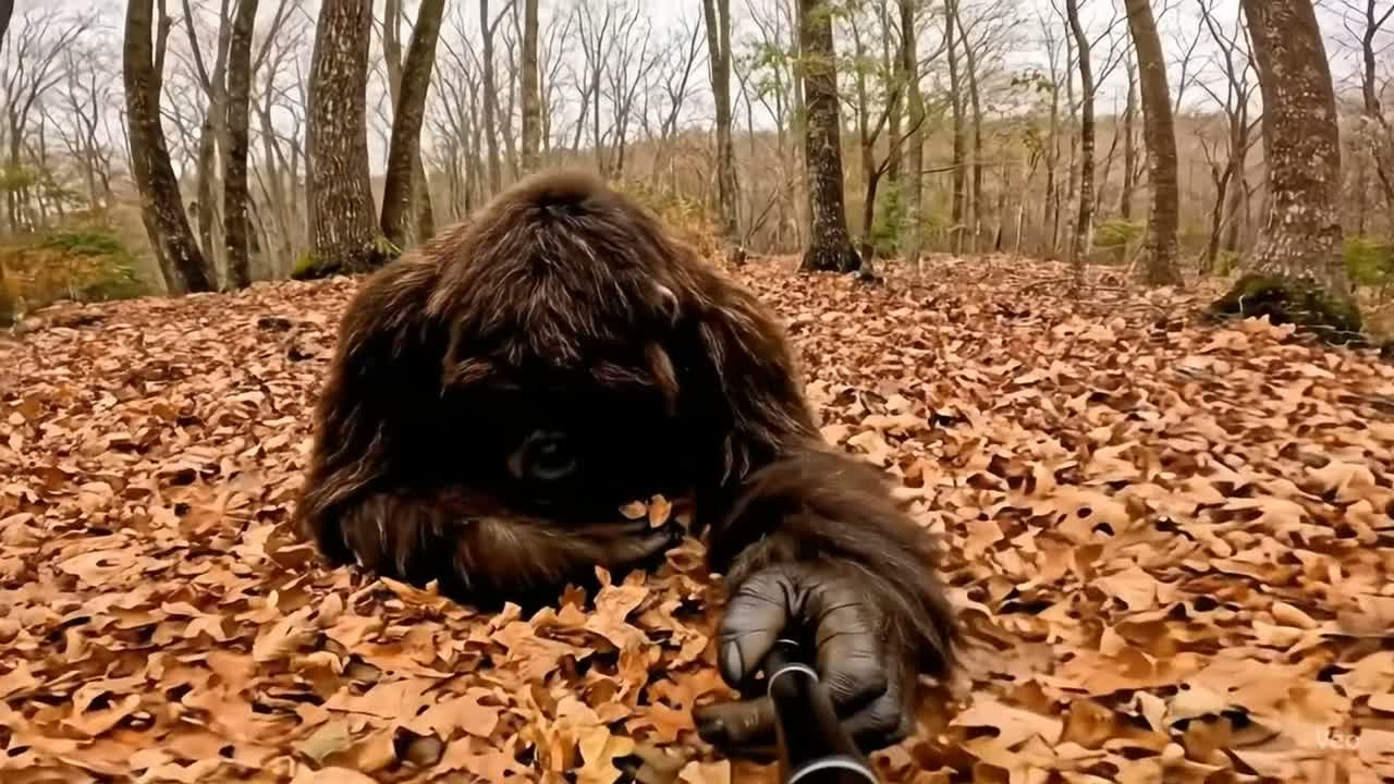 Bigfoot rests in autumn leaves